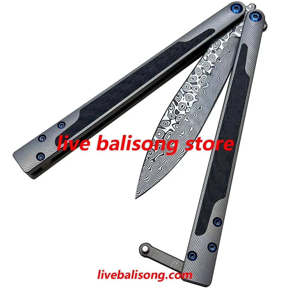Theone EX10 Balisong Clone Carbon Fiber Patch+Titanium Handle Damascus Blade livebalisong