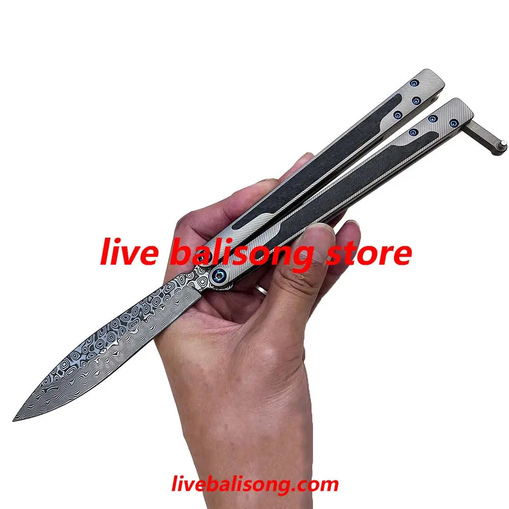 Theone EX10 Balisong Clone Carbon Fiber Patch+Titanium Handle Damascus Blade livebalisong