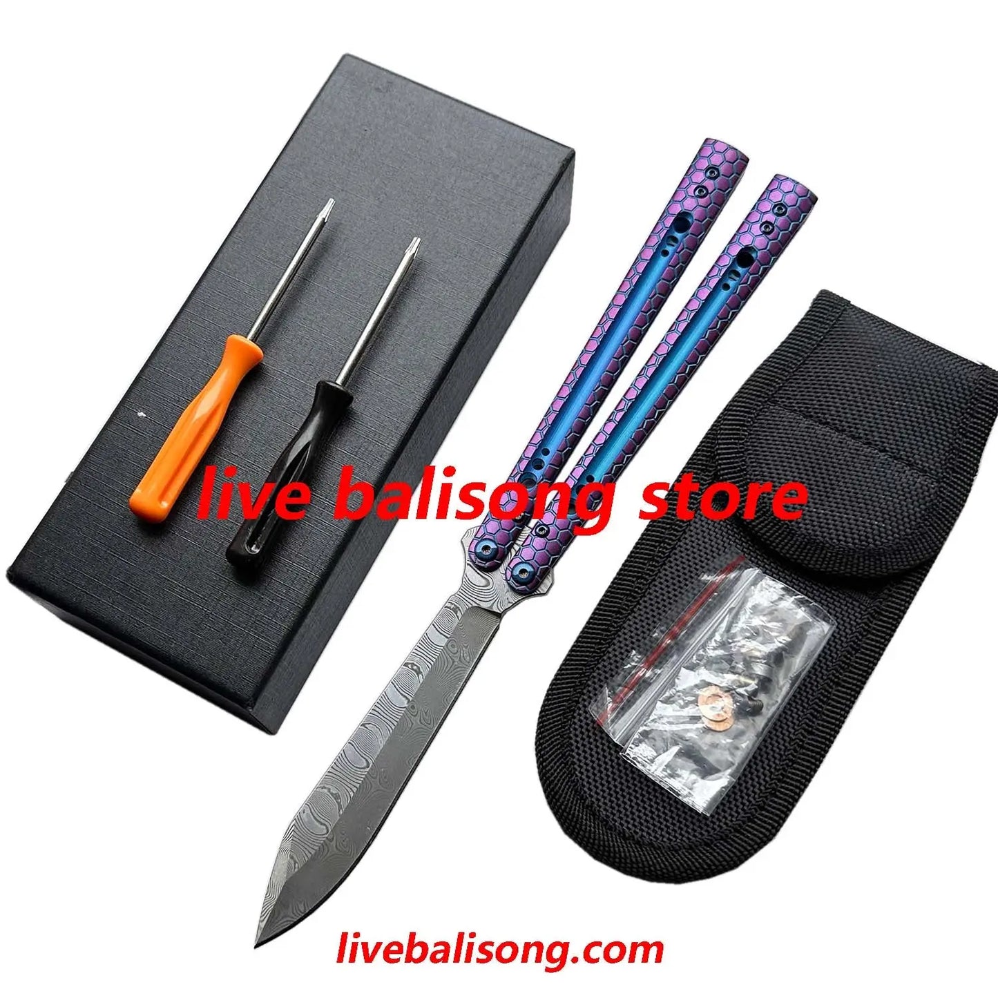 Theone Python Balisong Clone Titanium Handle Damascus Blade livebalisong