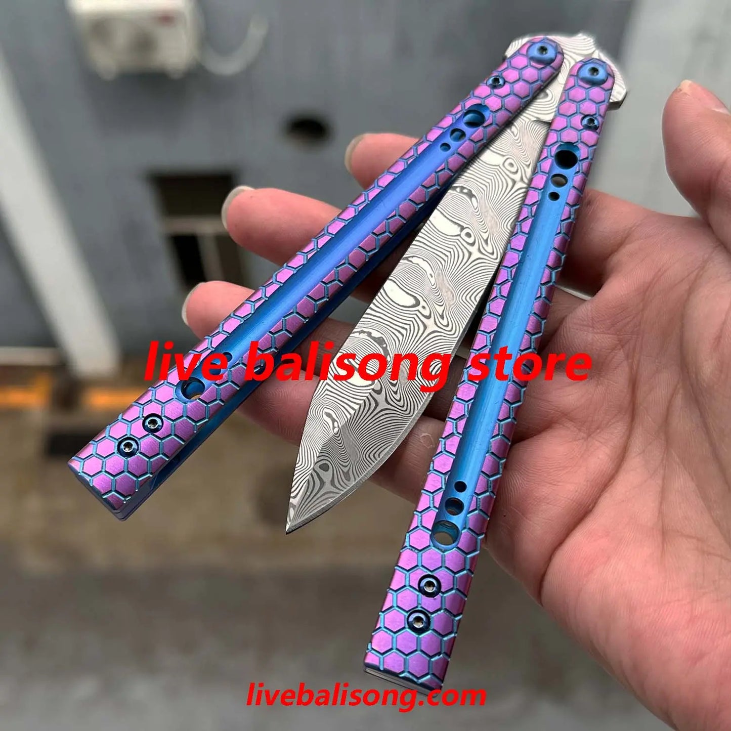 Theone Python Balisong Clone Titanium Handle Damascus Blade livebalisong
