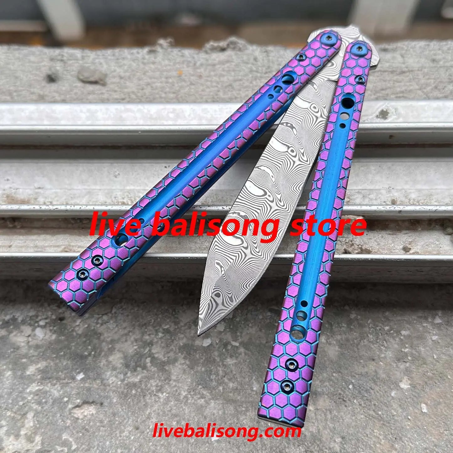Theone Python Balisong Clone Titanium Handle Damascus Blade livebalisong