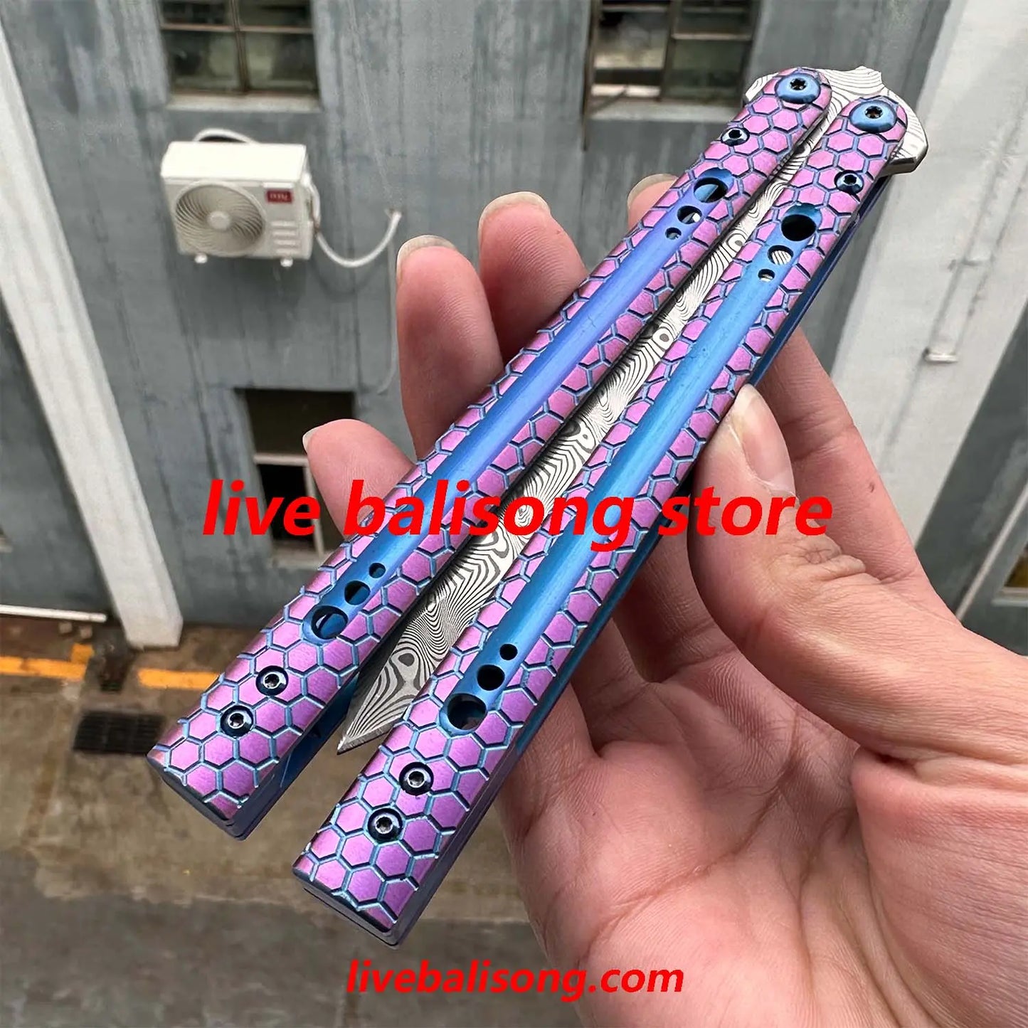 Theone Python Balisong Clone Titanium Handle Damascus Blade livebalisong