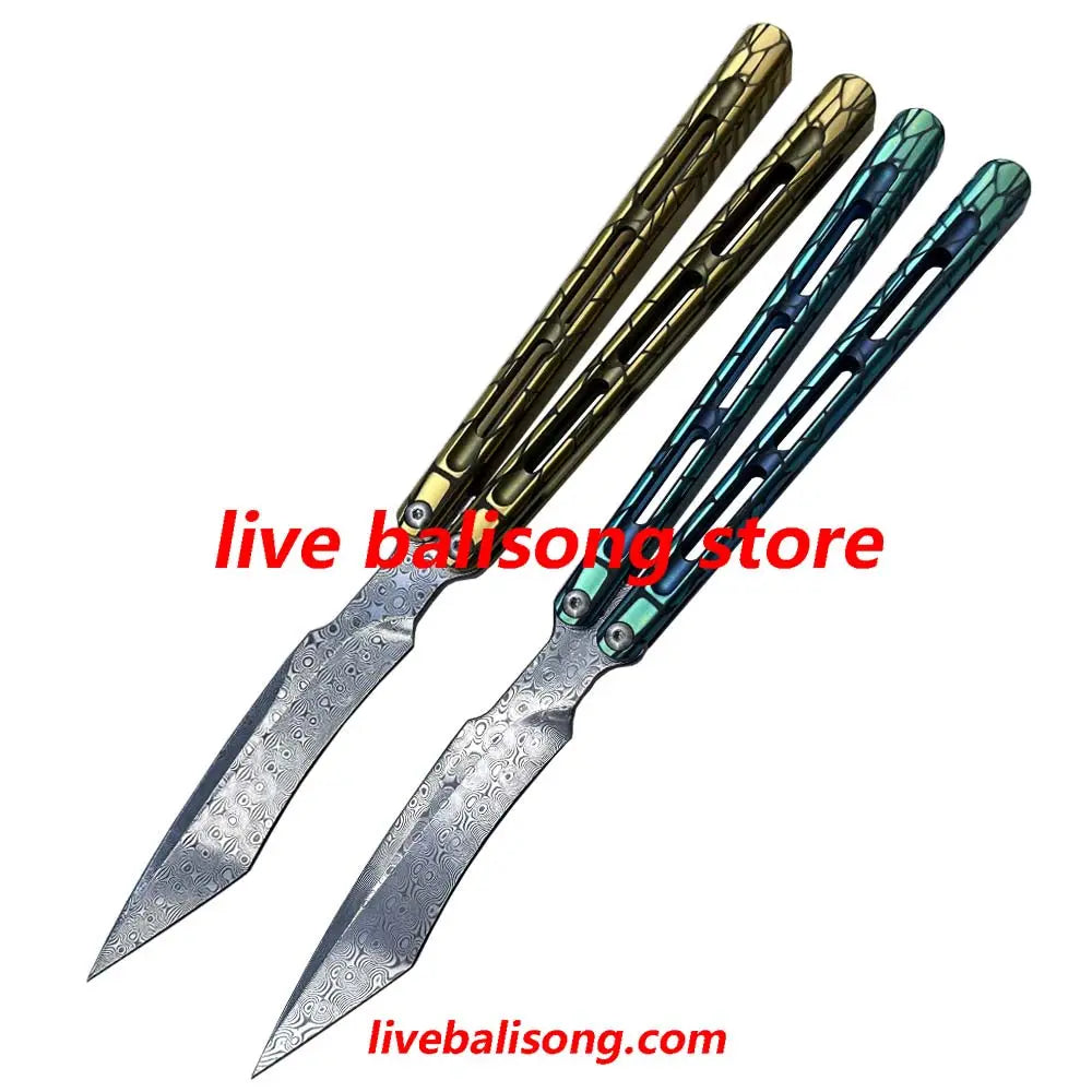 Theone Viper Balisong Clone Titanium Handle Damascus Blade livebalisong
