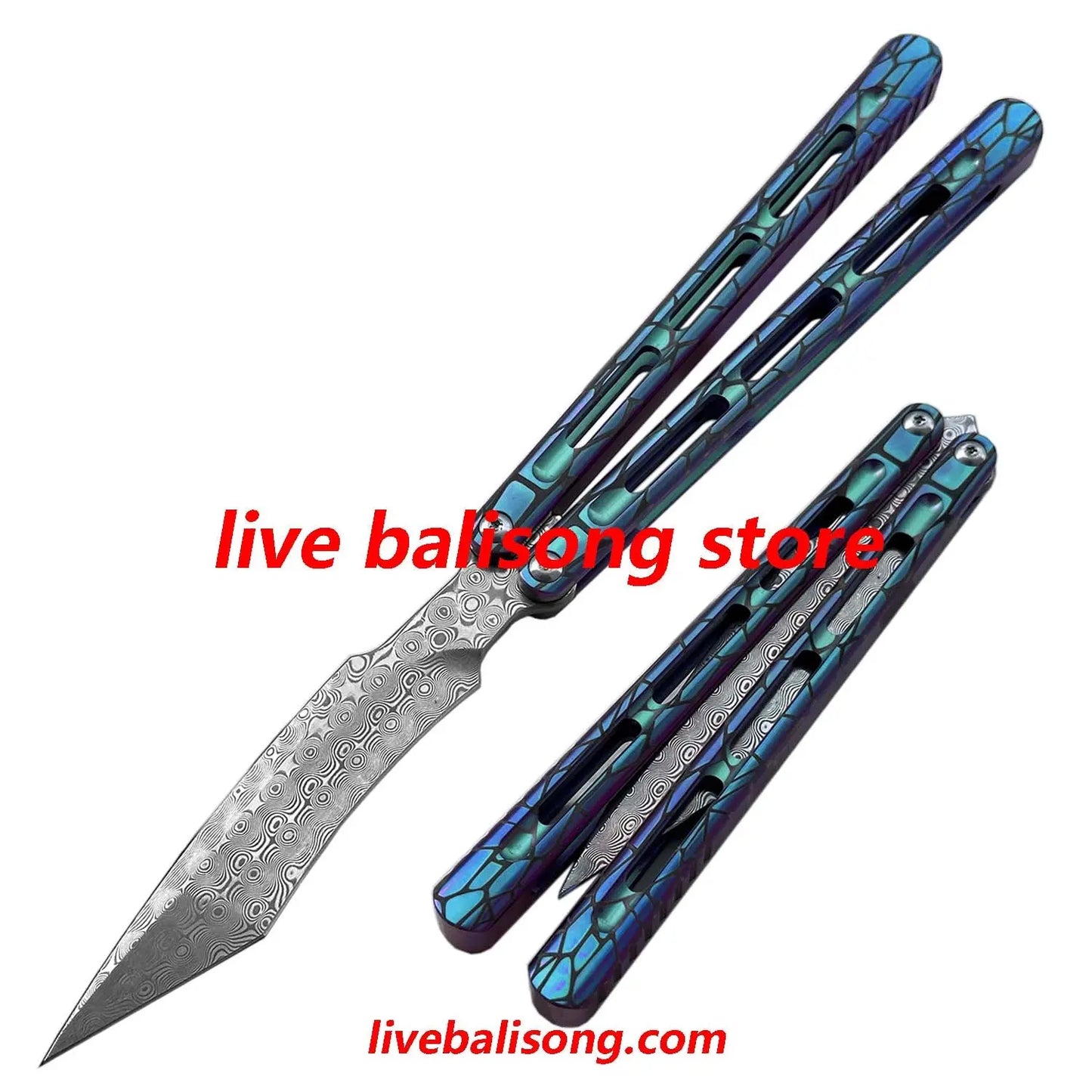 Theone Viper Balisong Clone Titanium Handle Damascus Blade livebalisong