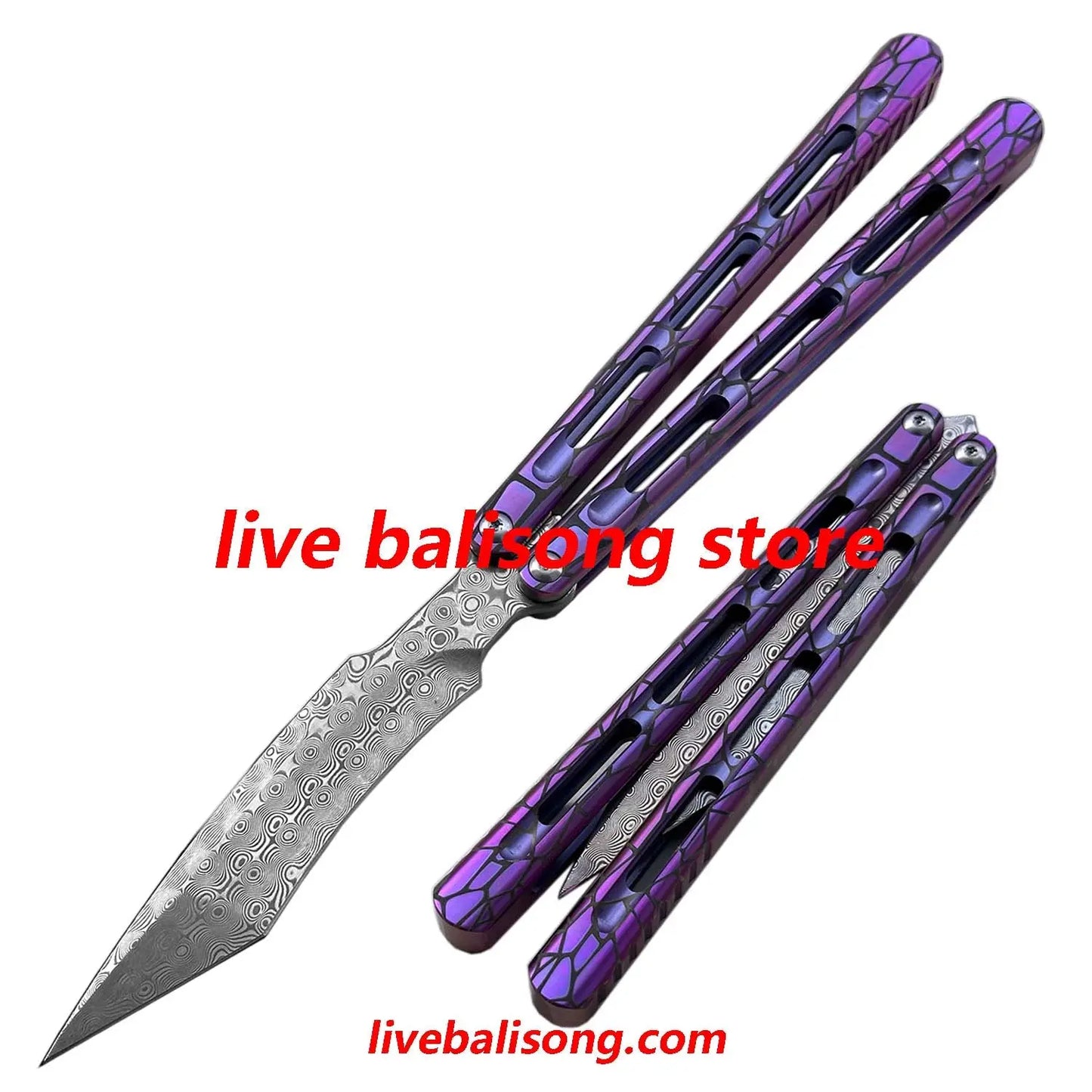 Theone Viper Balisong Clone Titanium Handle Damascus Blade livebalisong