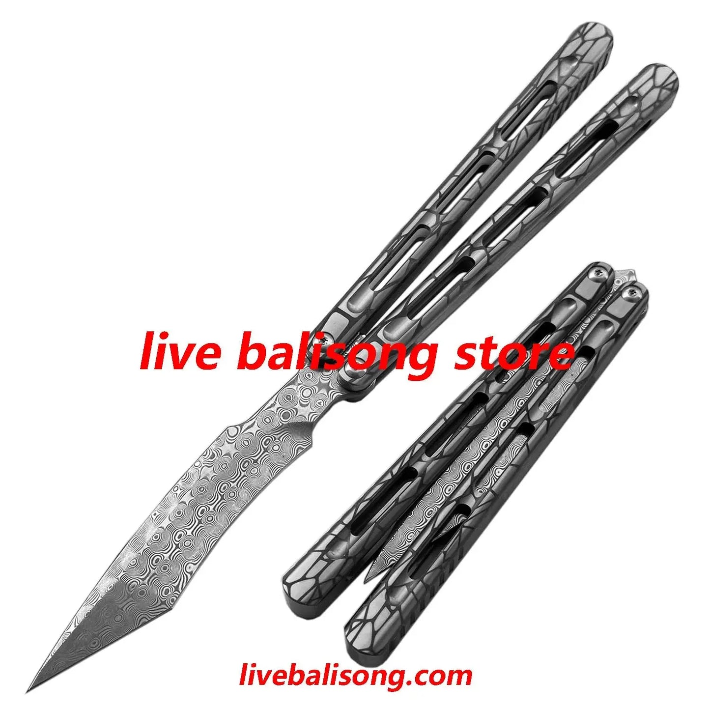 Theone Viper Balisong Clone Titanium Handle Damascus Blade livebalisong