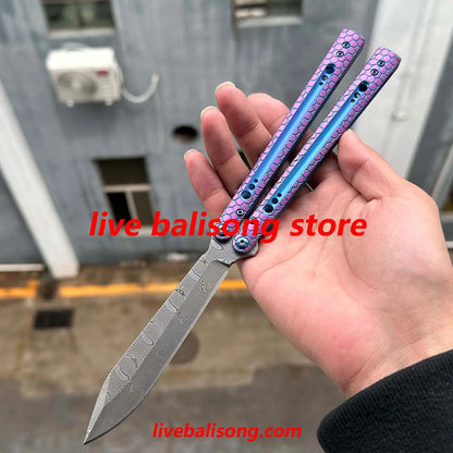 Theone Python Balisong Clone Titanium Handle Damascus Blade livebalisong